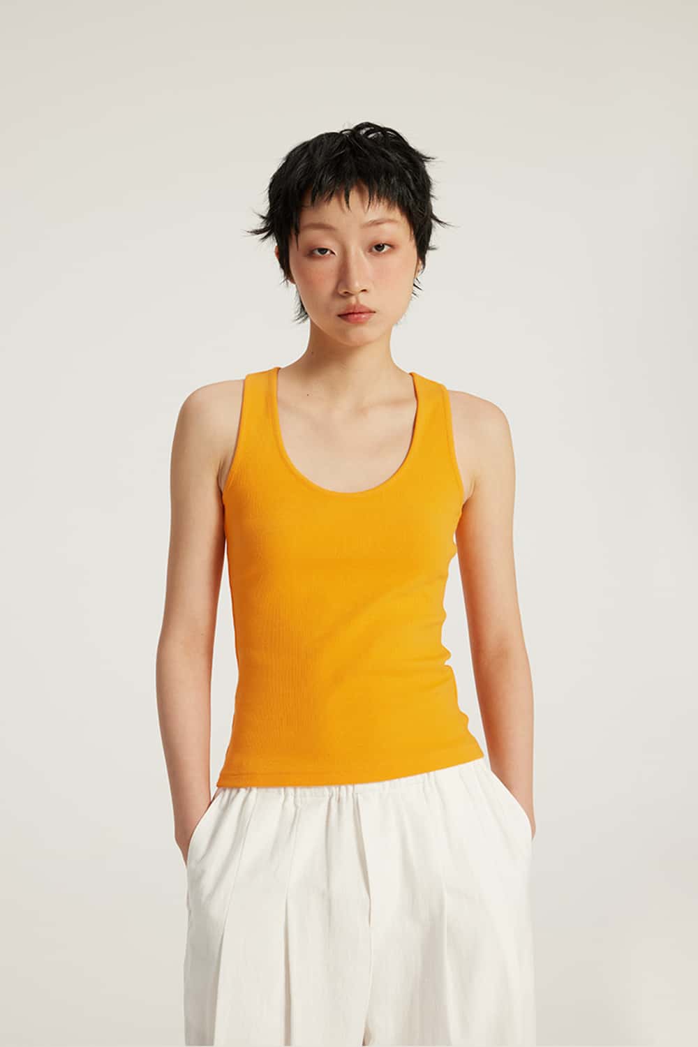 High-Stretch Ribbed U-Neck Tank Top _ Solid Color