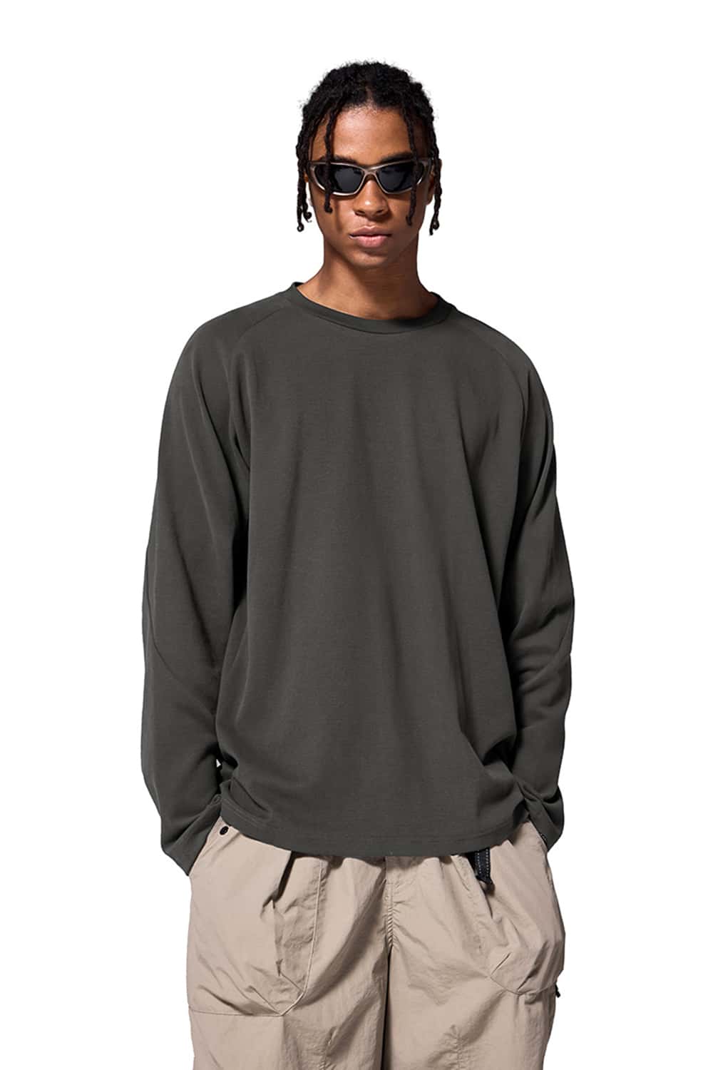 Double-Sided Fleece Crew Neck Solid Color Long Sleeve T-Shirt