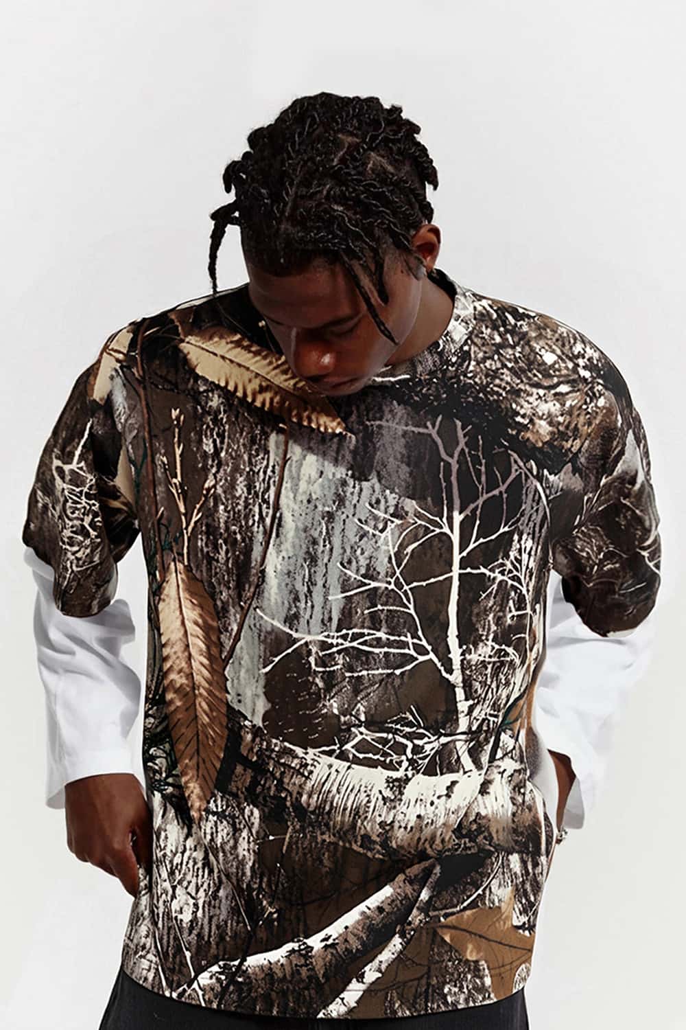 Digital Print Layered-Effect Long Sleeve Lightweight T-Shirt