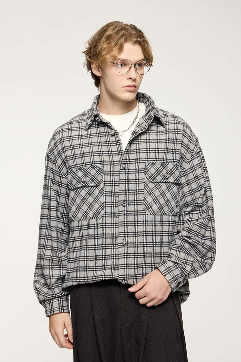 Plaid Shirt Jacket with Frog Buttons _ Long Sleeve Cardigan