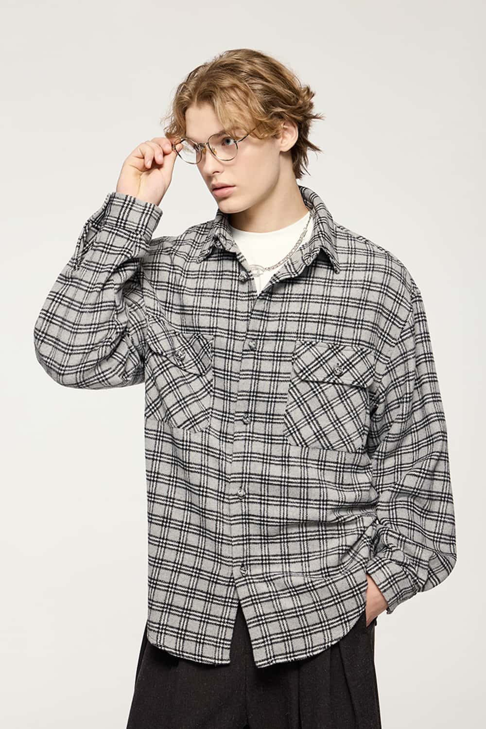 Plaid Shirt Jacket with Frog Buttons _ Long Sleeve Cardigan