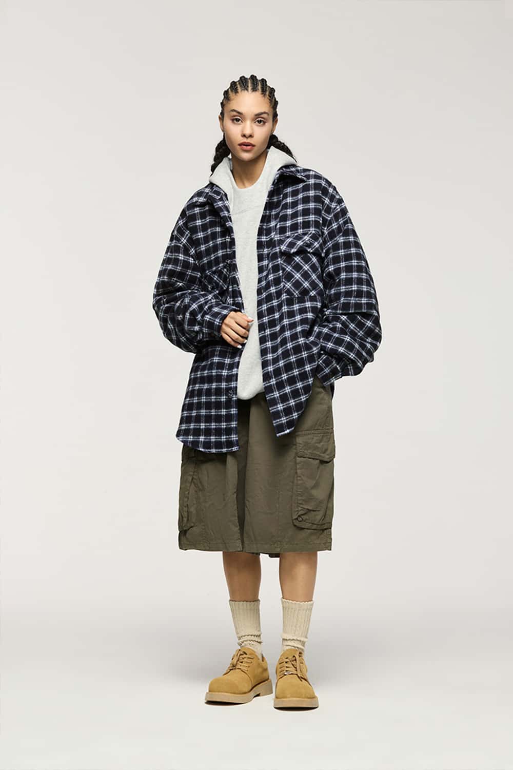 Plaid Shirt Jacket with Frog Buttons _ Long Sleeve Cardigan