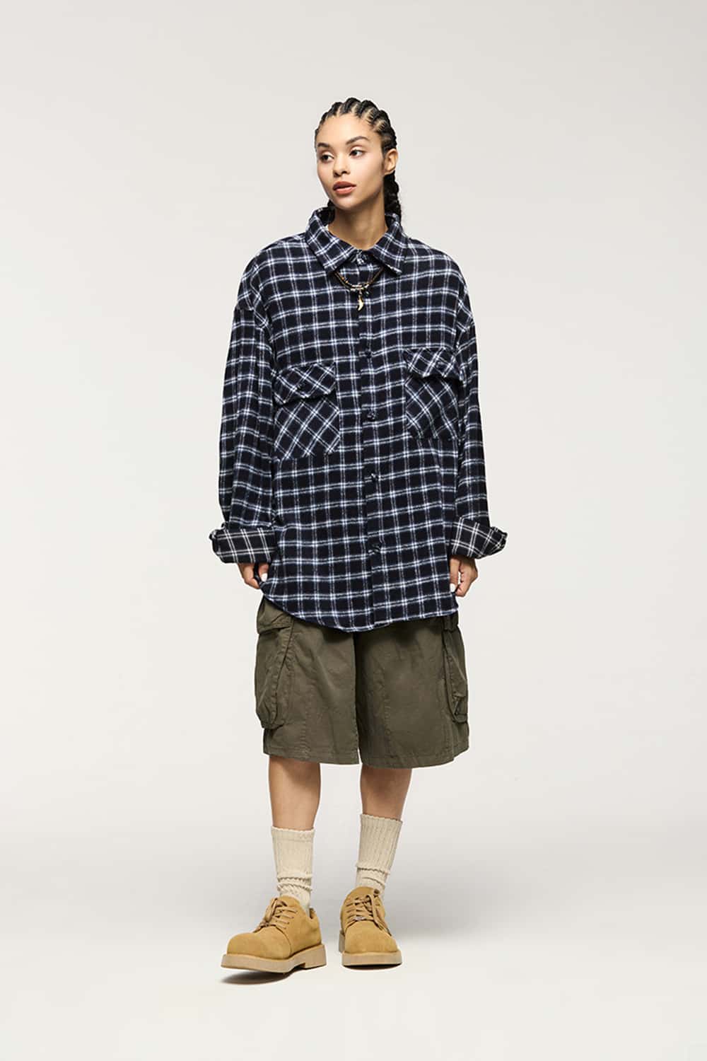 Plaid Shirt Jacket with Frog Buttons _ Long Sleeve Cardigan