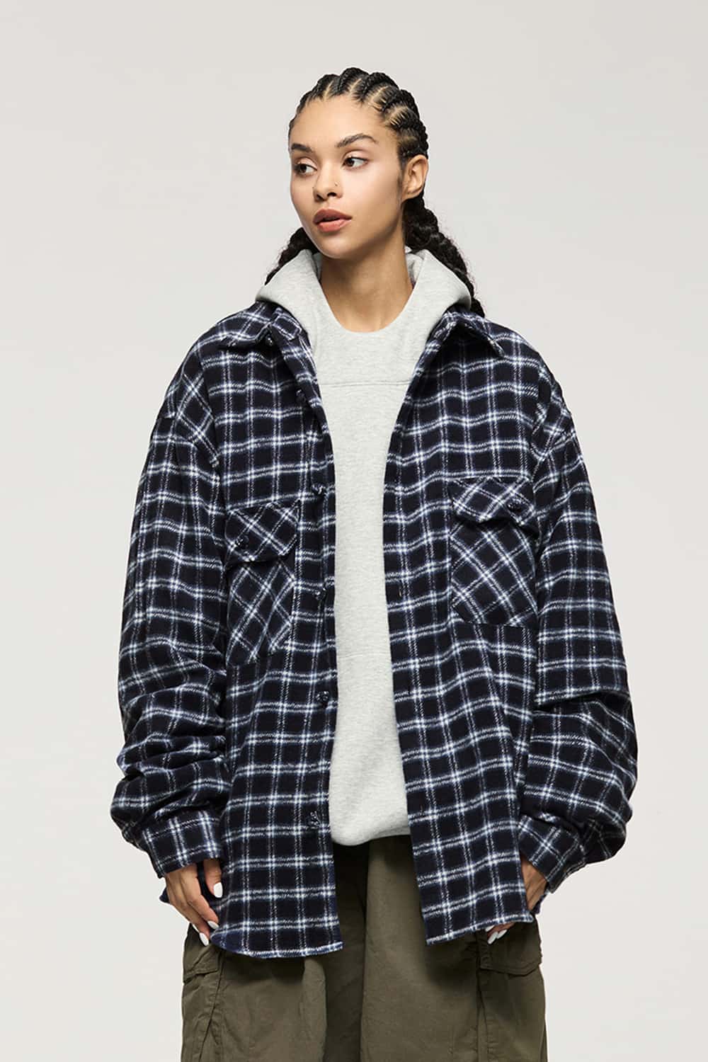Plaid Shirt Jacket with Frog Buttons _ Long Sleeve Cardigan