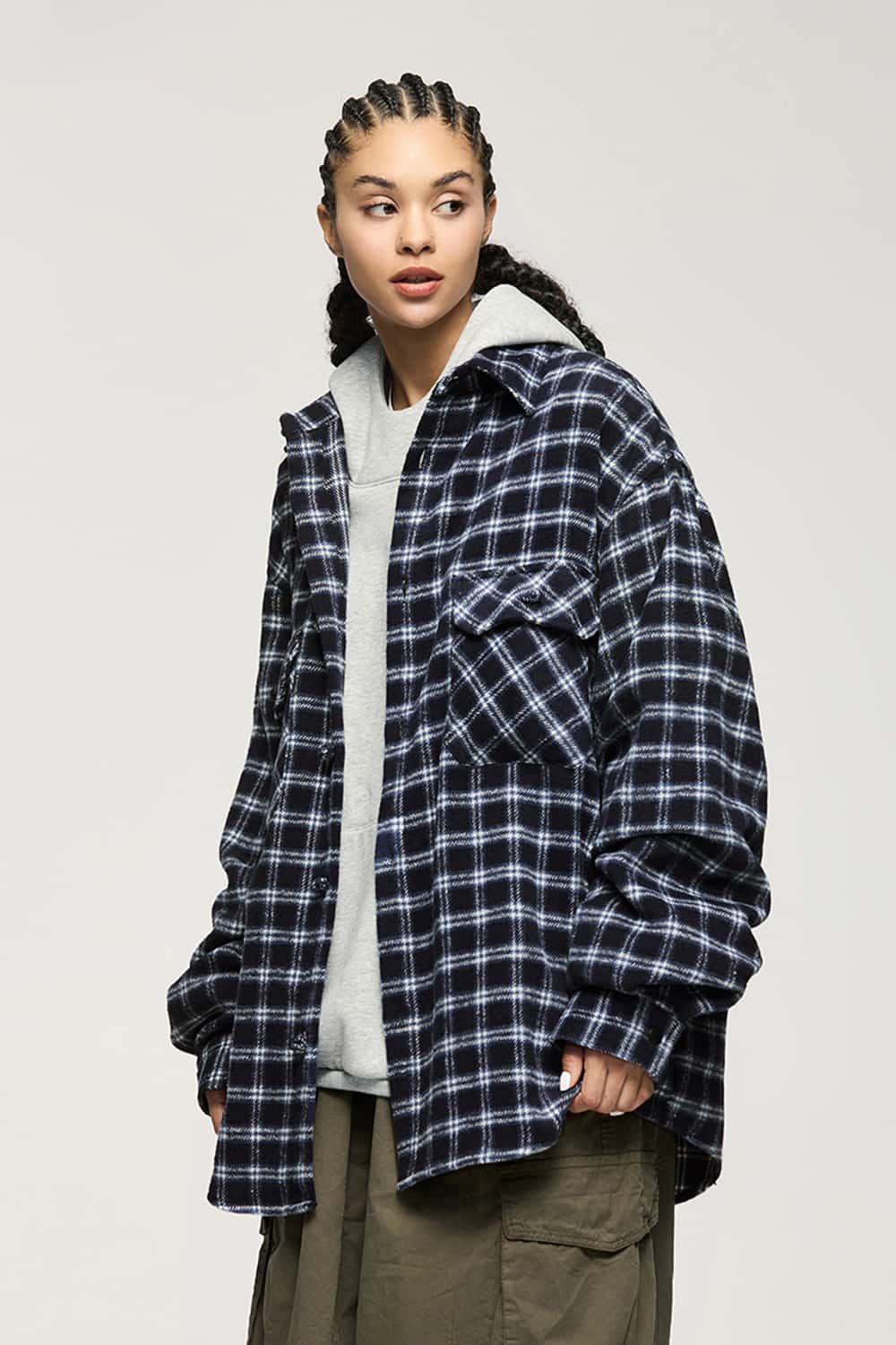 Plaid Shirt Jacket with Frog Buttons _ Long Sleeve Cardigan