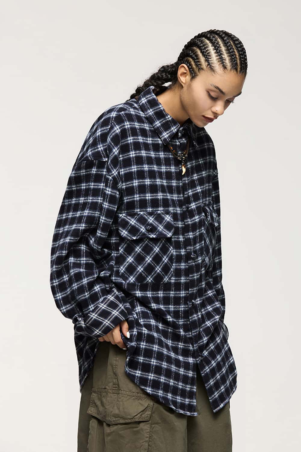 Plaid Shirt Jacket with Frog Buttons _ Long Sleeve Cardigan