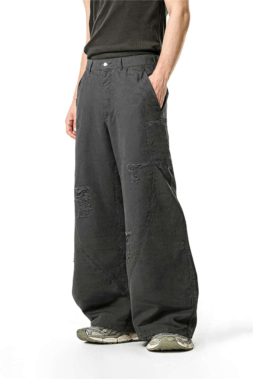 Washed Distressed Scimitar-Cut Wide-Leg Workwear Pants