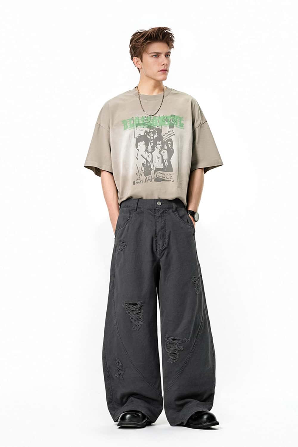 Washed Distressed Scimitar-Cut Wide-Leg Workwear Pants