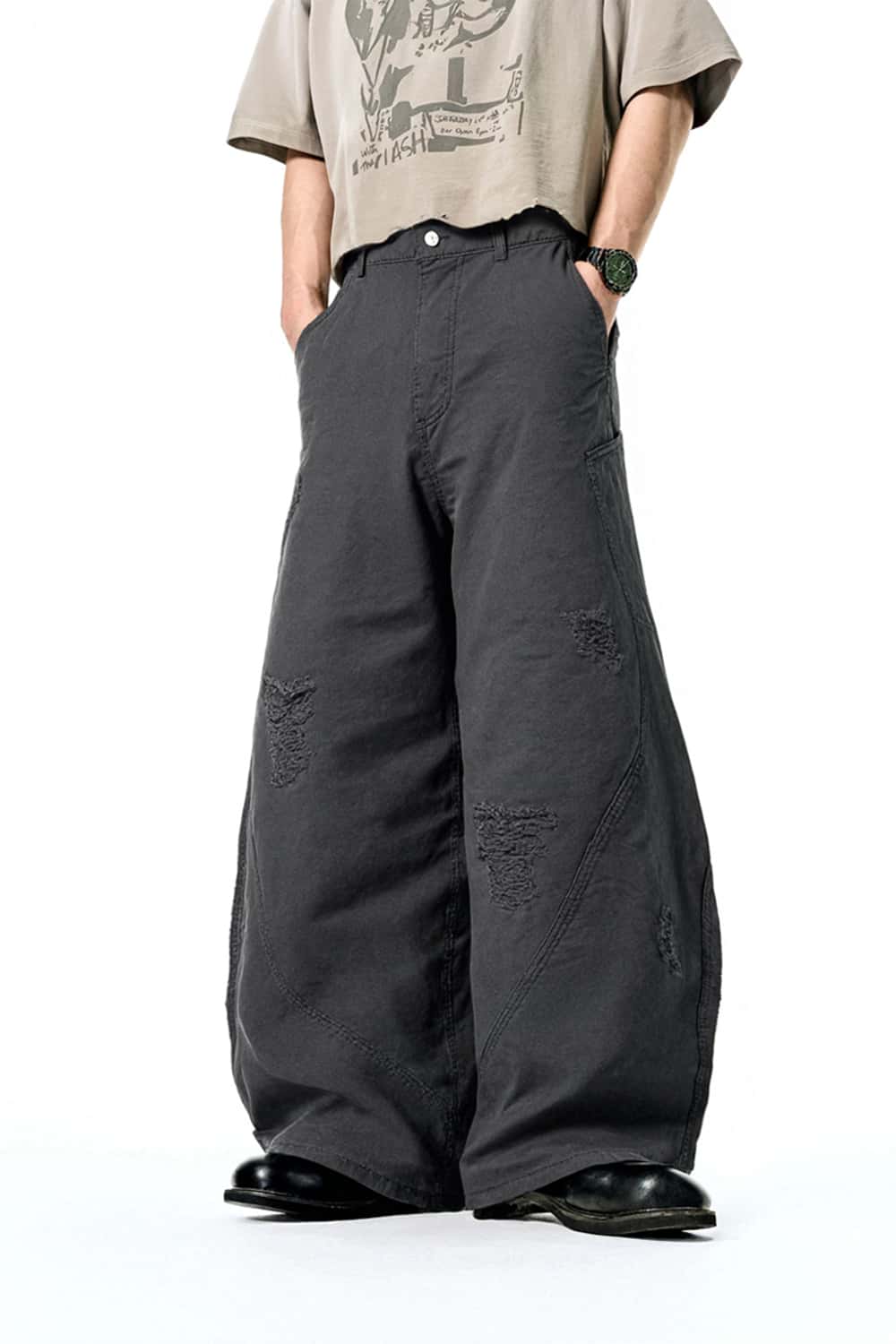 Washed Distressed Scimitar-Cut Wide-Leg Workwear Pants