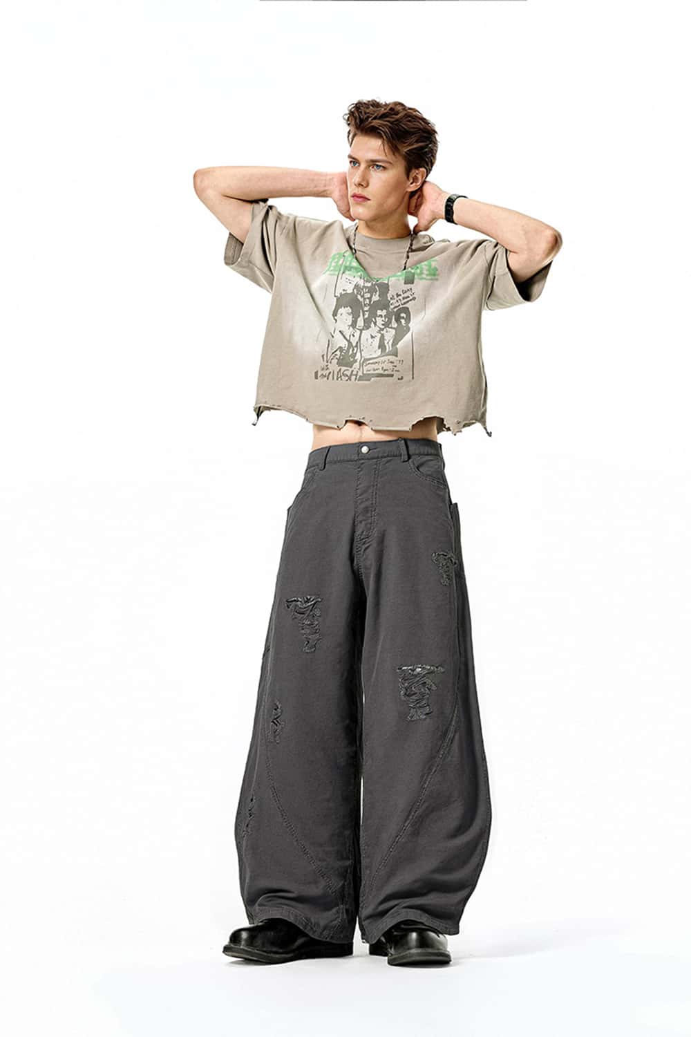 Washed Distressed Scimitar-Cut Wide-Leg Workwear Pants