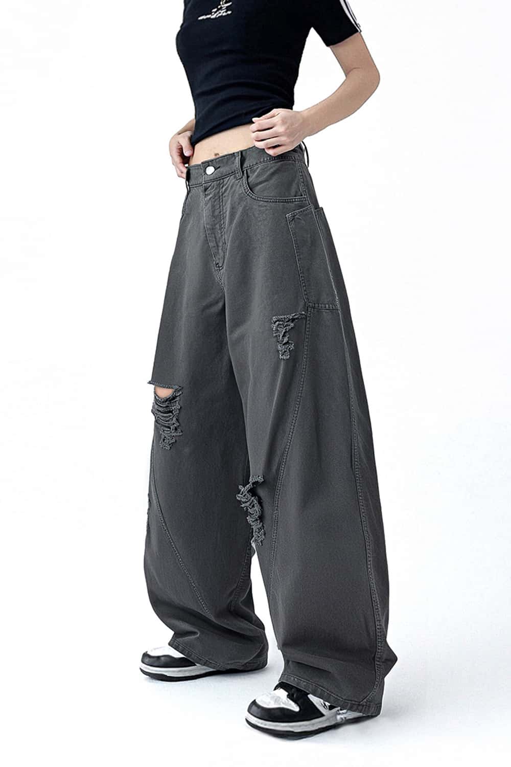 Washed Distressed Scimitar-Cut Wide-Leg Workwear Pants
