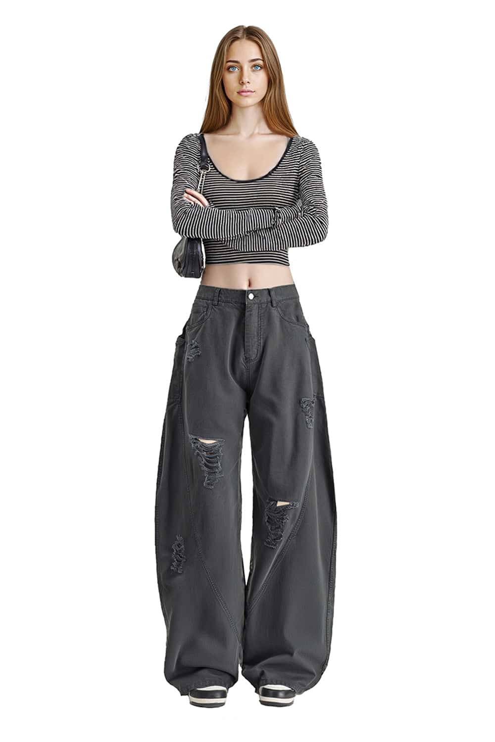 Washed Distressed Scimitar-Cut Wide-Leg Workwear Pants