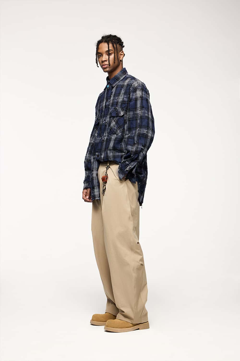 Distressed Plaid Shirt Jacket with Irregular Raw Edges