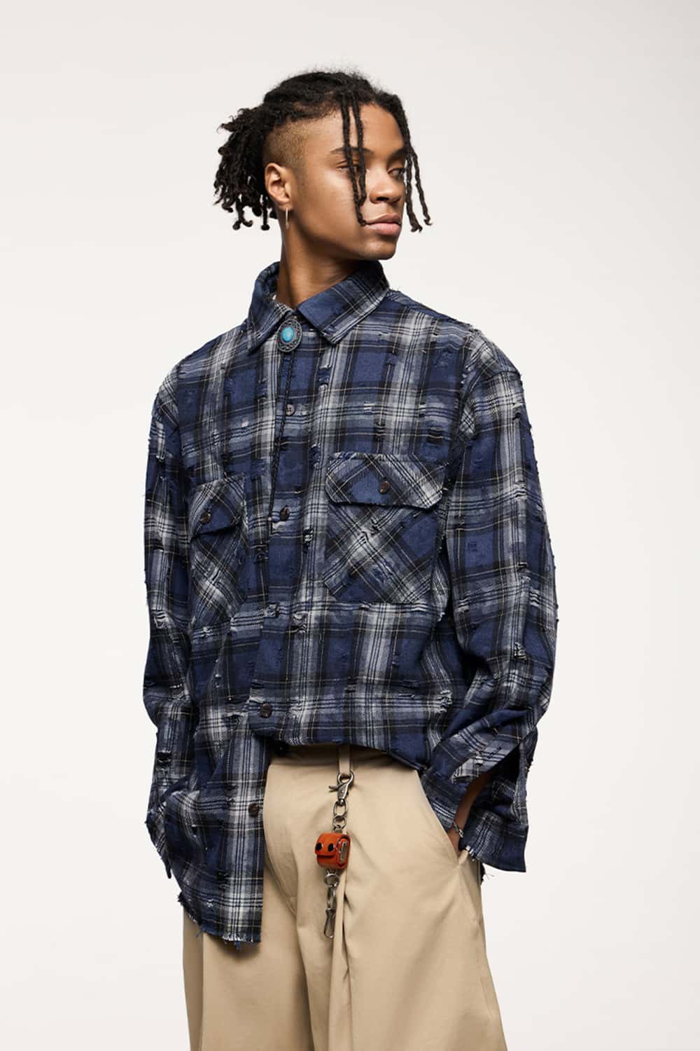 Distressed Plaid Shirt Jacket with Irregular Raw Edges