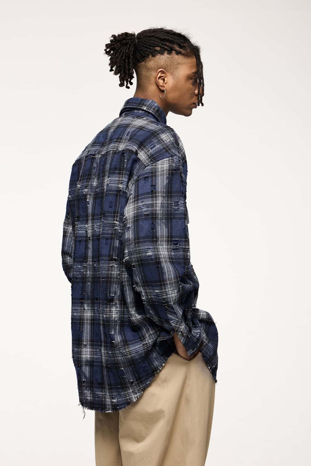 Distressed Plaid Shirt Jacket with Irregular Raw Edges