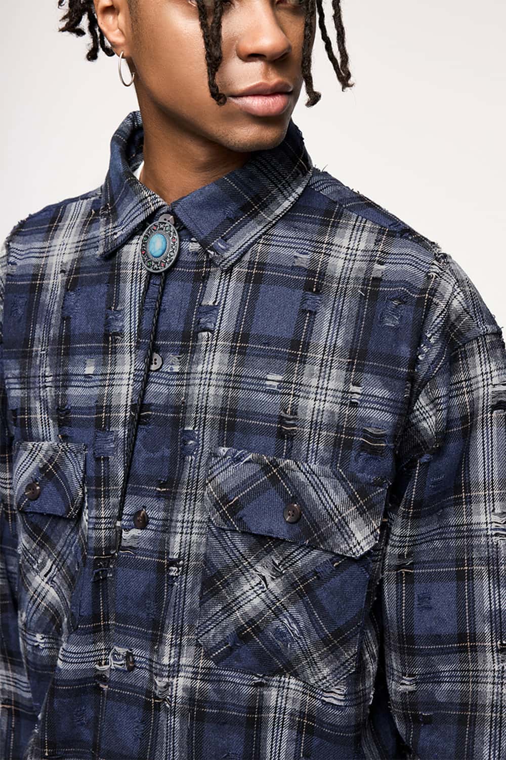 Distressed Plaid Shirt Jacket with Irregular Raw Edges