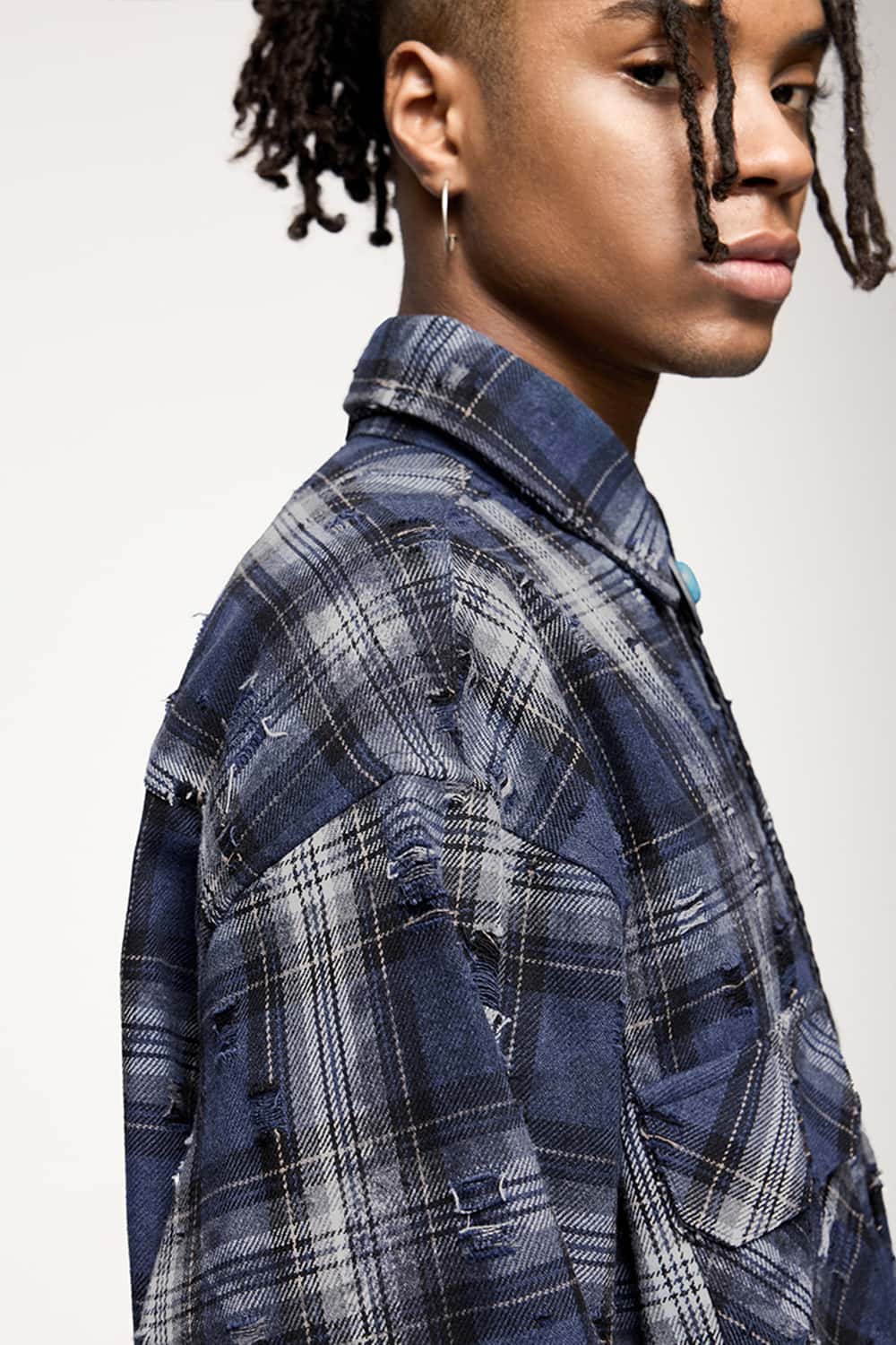 Distressed Plaid Shirt Jacket with Irregular Raw Edges