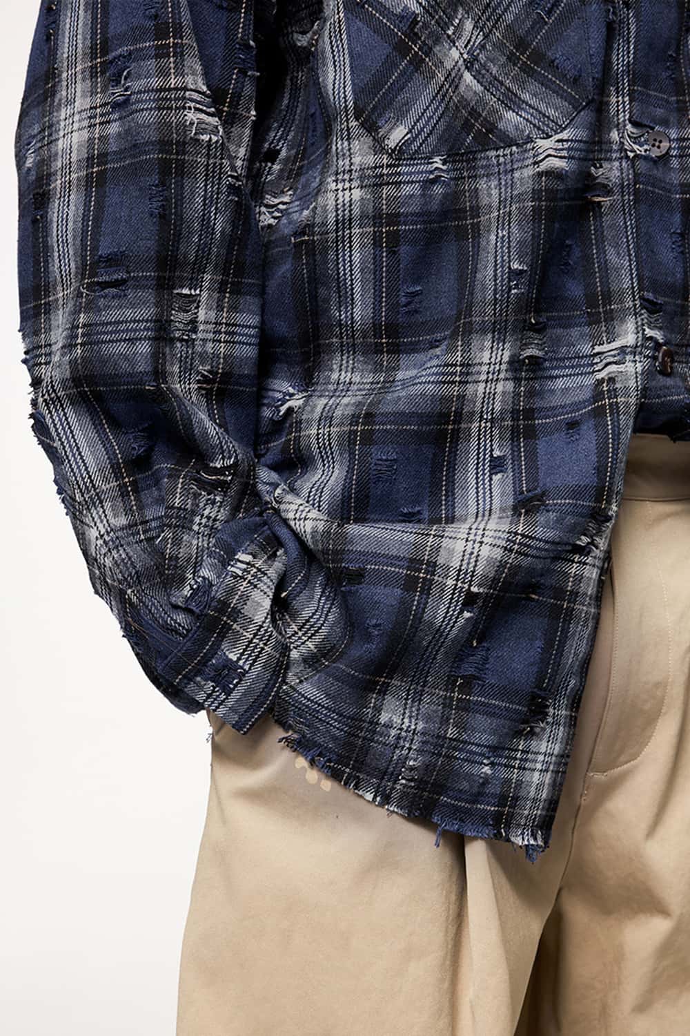 Distressed Plaid Shirt Jacket with Irregular Raw Edges