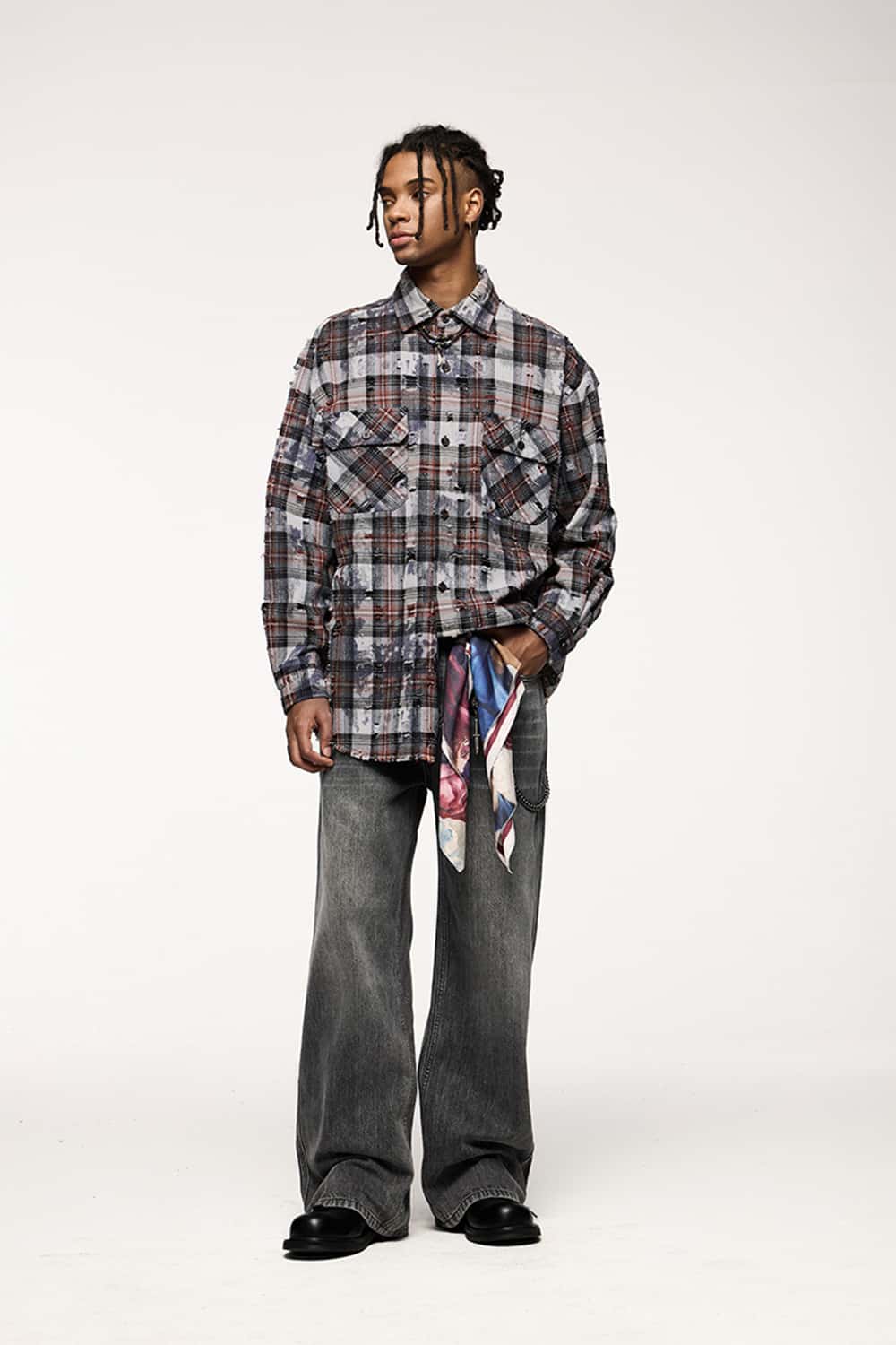 Distressed Plaid Shirt Jacket with Irregular Raw Edges