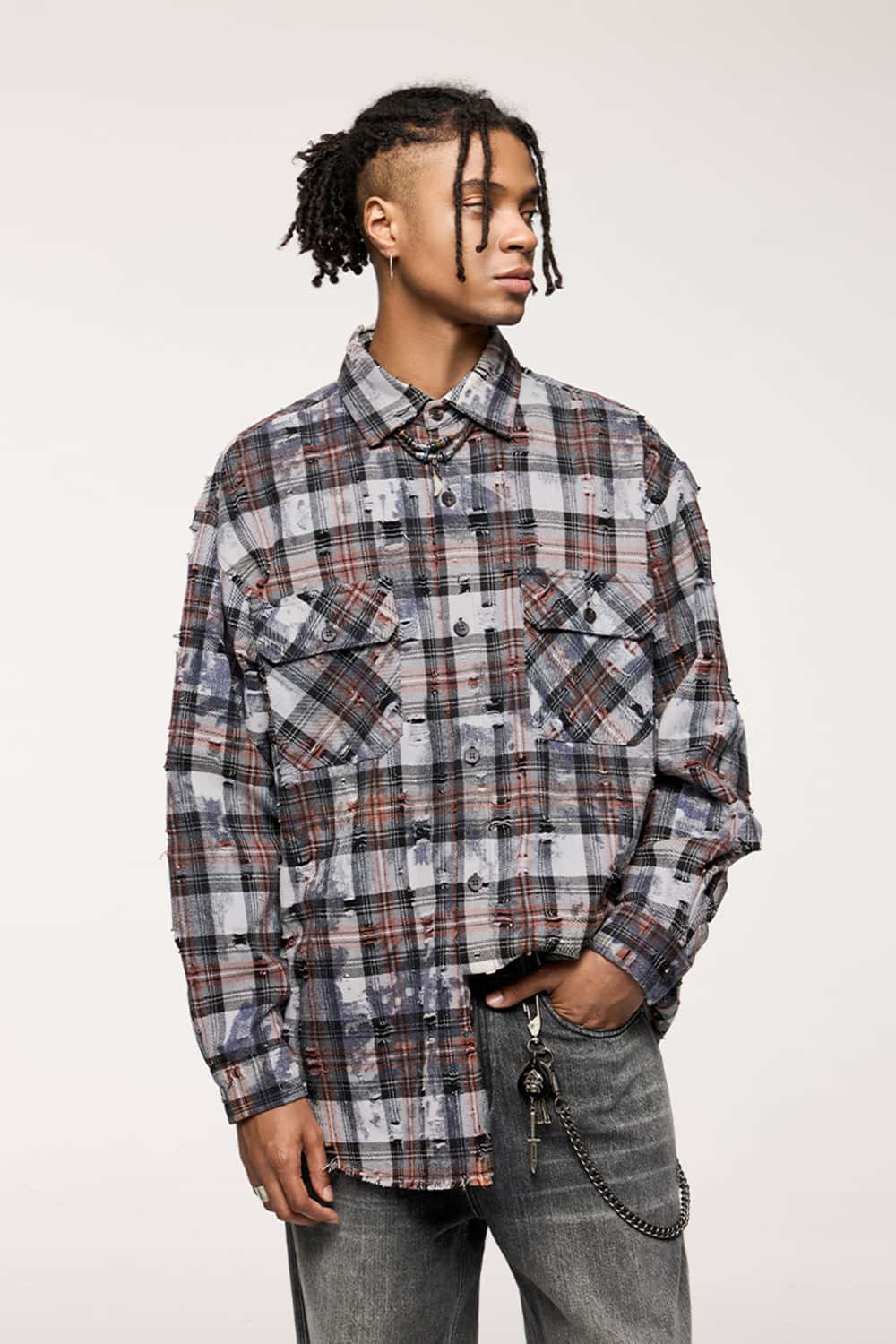 Distressed Plaid Shirt Jacket with Irregular Raw Edges