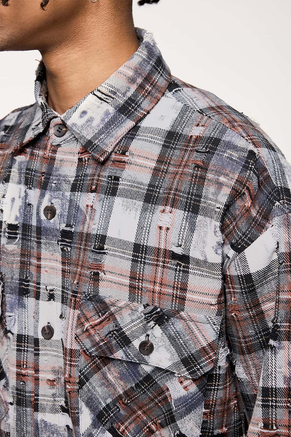 Distressed Plaid Shirt Jacket with Irregular Raw Edges