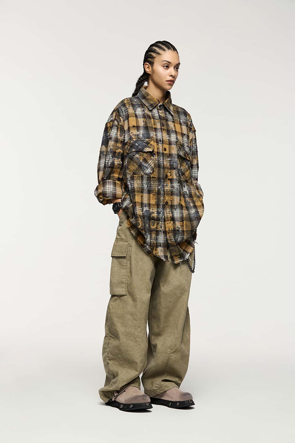Distressed Plaid Shirt Jacket with Irregular Raw Edges
