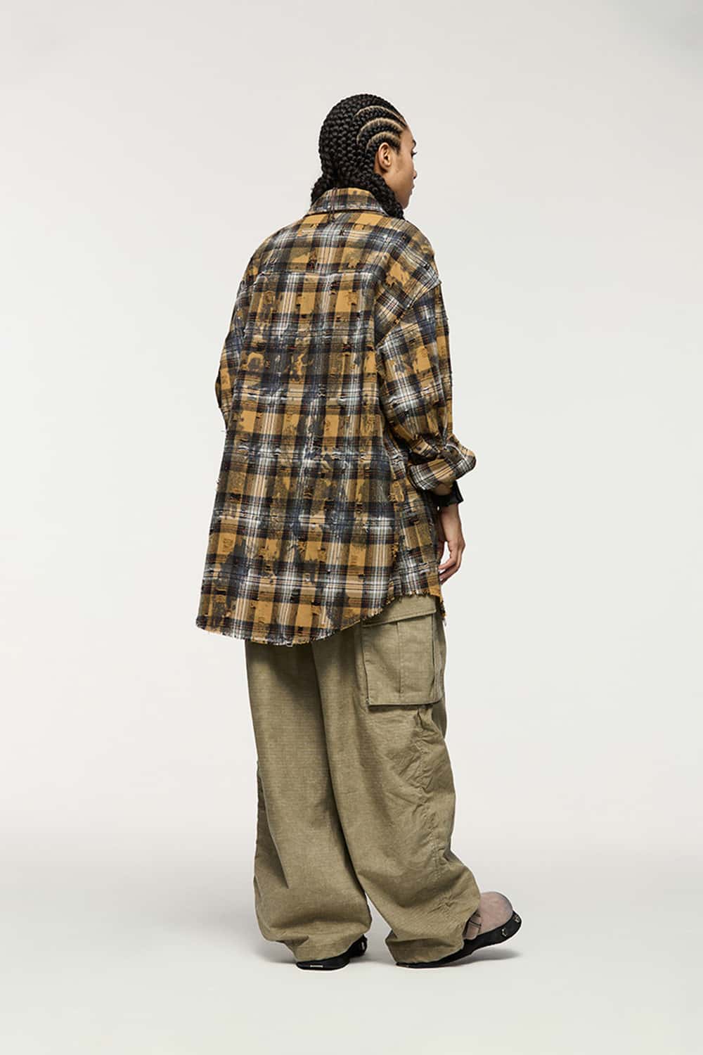 Distressed Plaid Shirt Jacket with Irregular Raw Edges