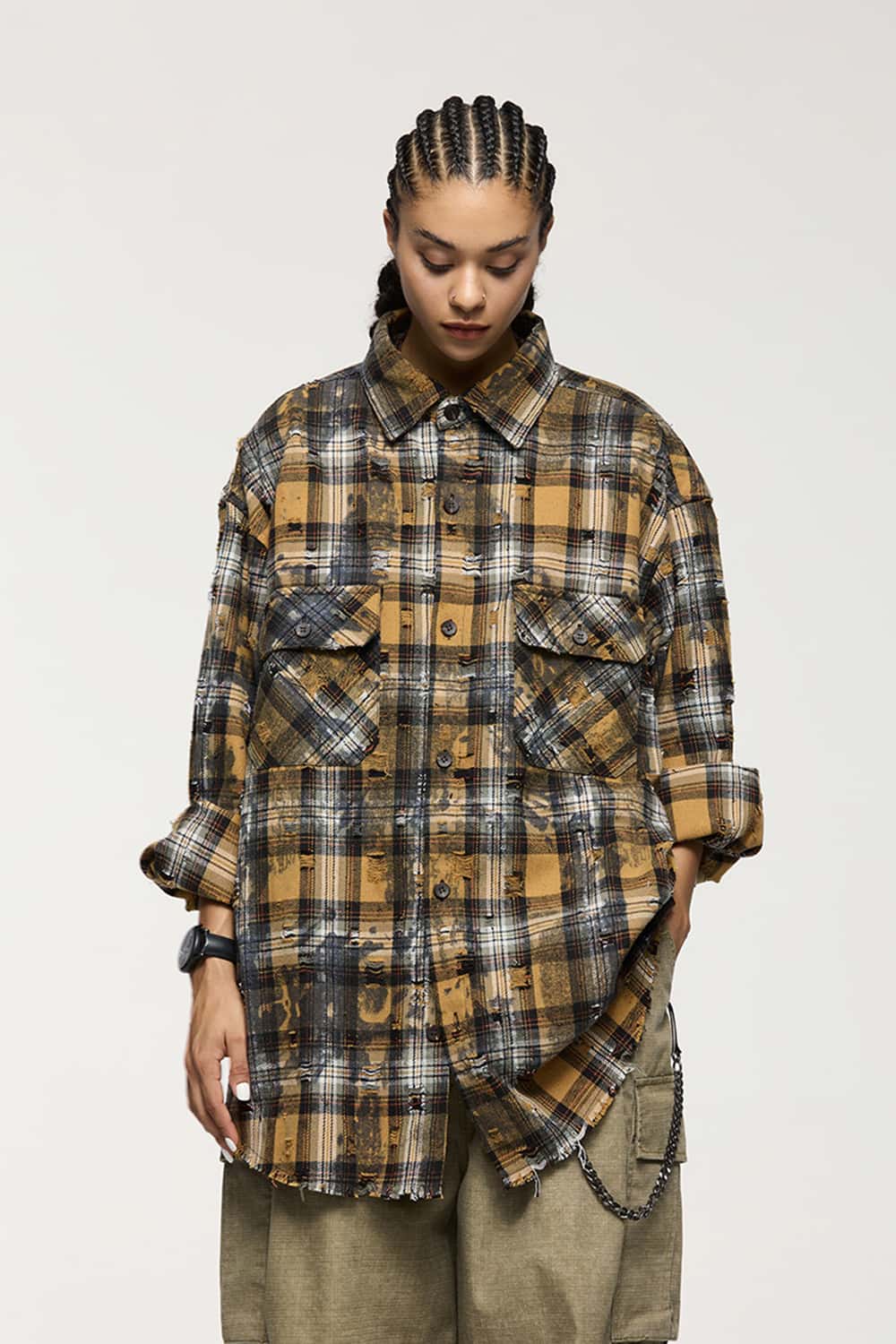 Distressed Plaid Shirt Jacket with Irregular Raw Edges