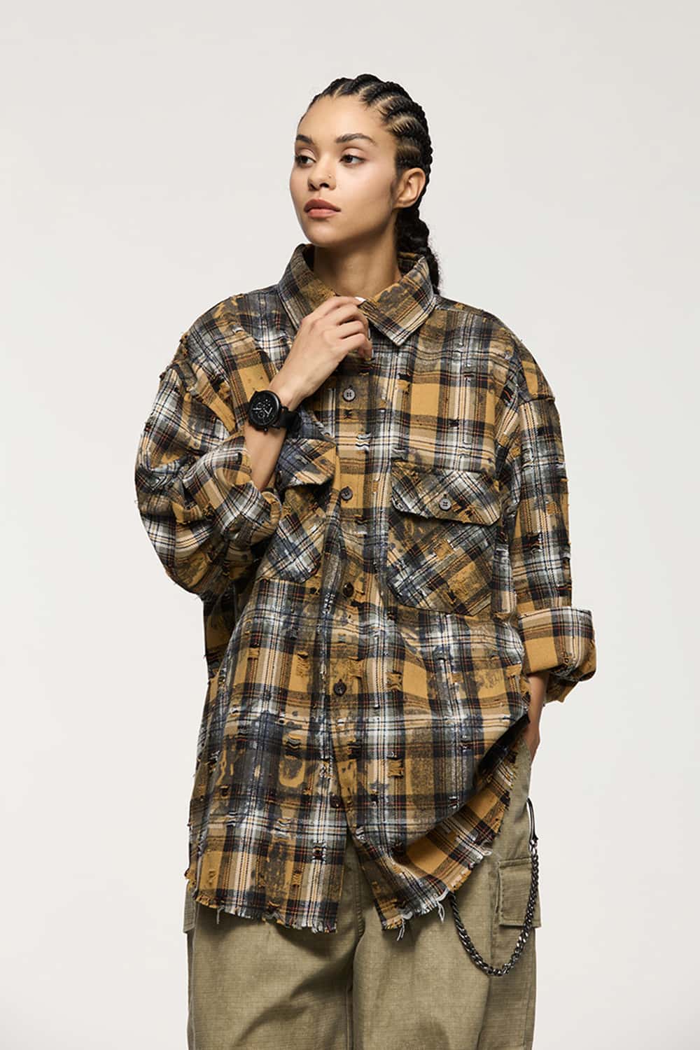 Distressed Plaid Shirt Jacket with Irregular Raw Edges