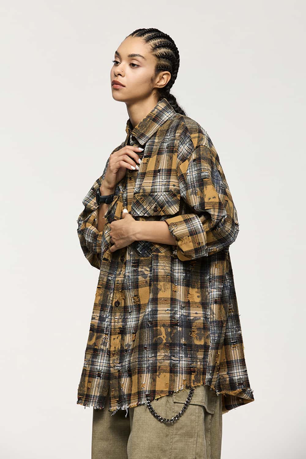 Distressed Plaid Shirt Jacket with Irregular Raw Edges
