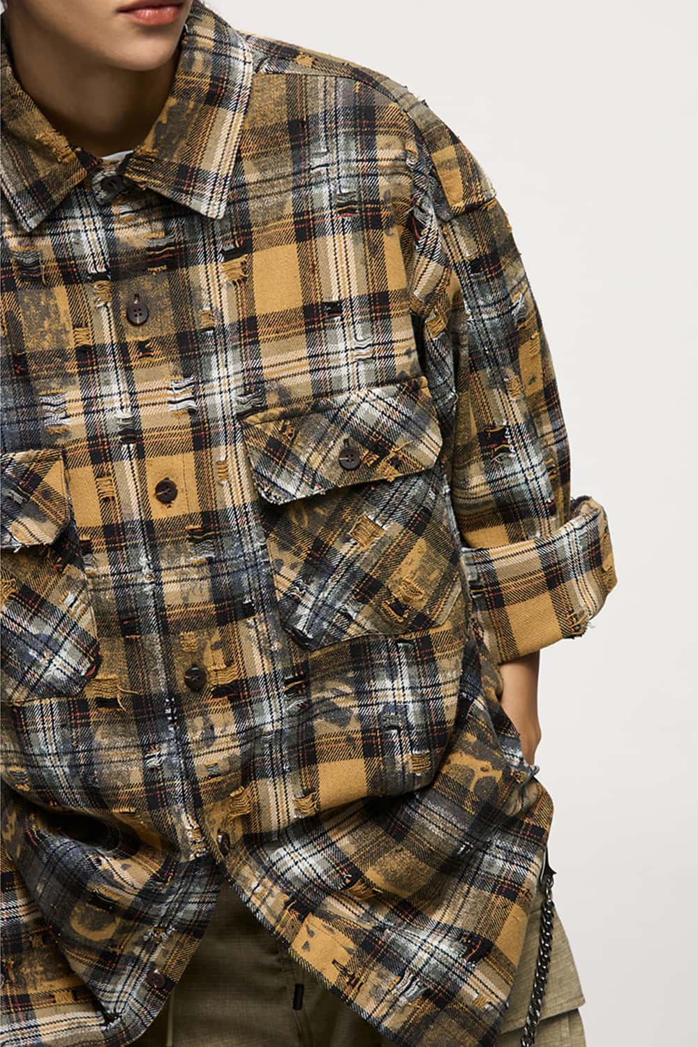 Distressed Plaid Shirt Jacket with Irregular Raw Edges