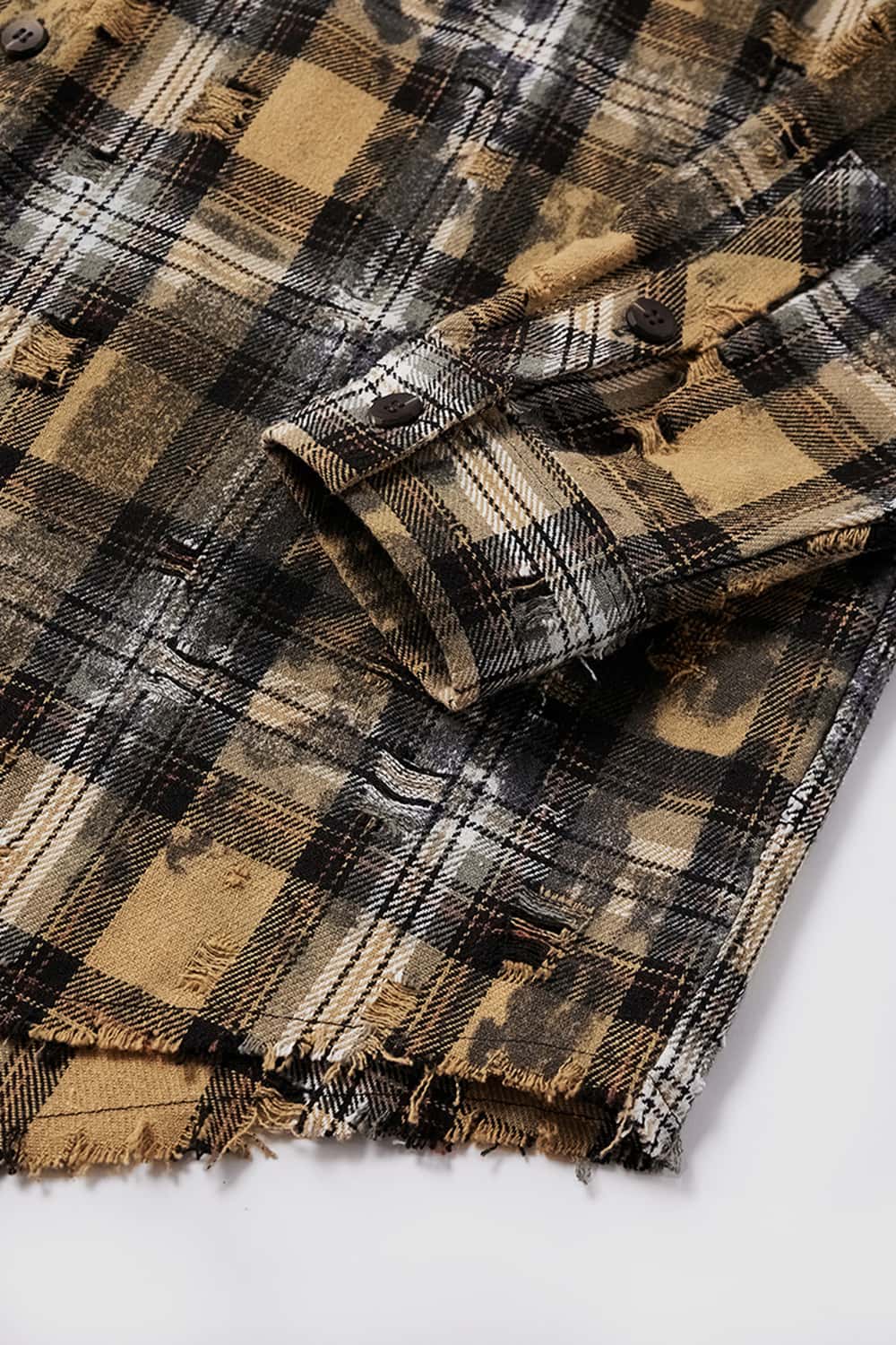 Distressed Plaid Shirt Jacket with Irregular Raw Edges
