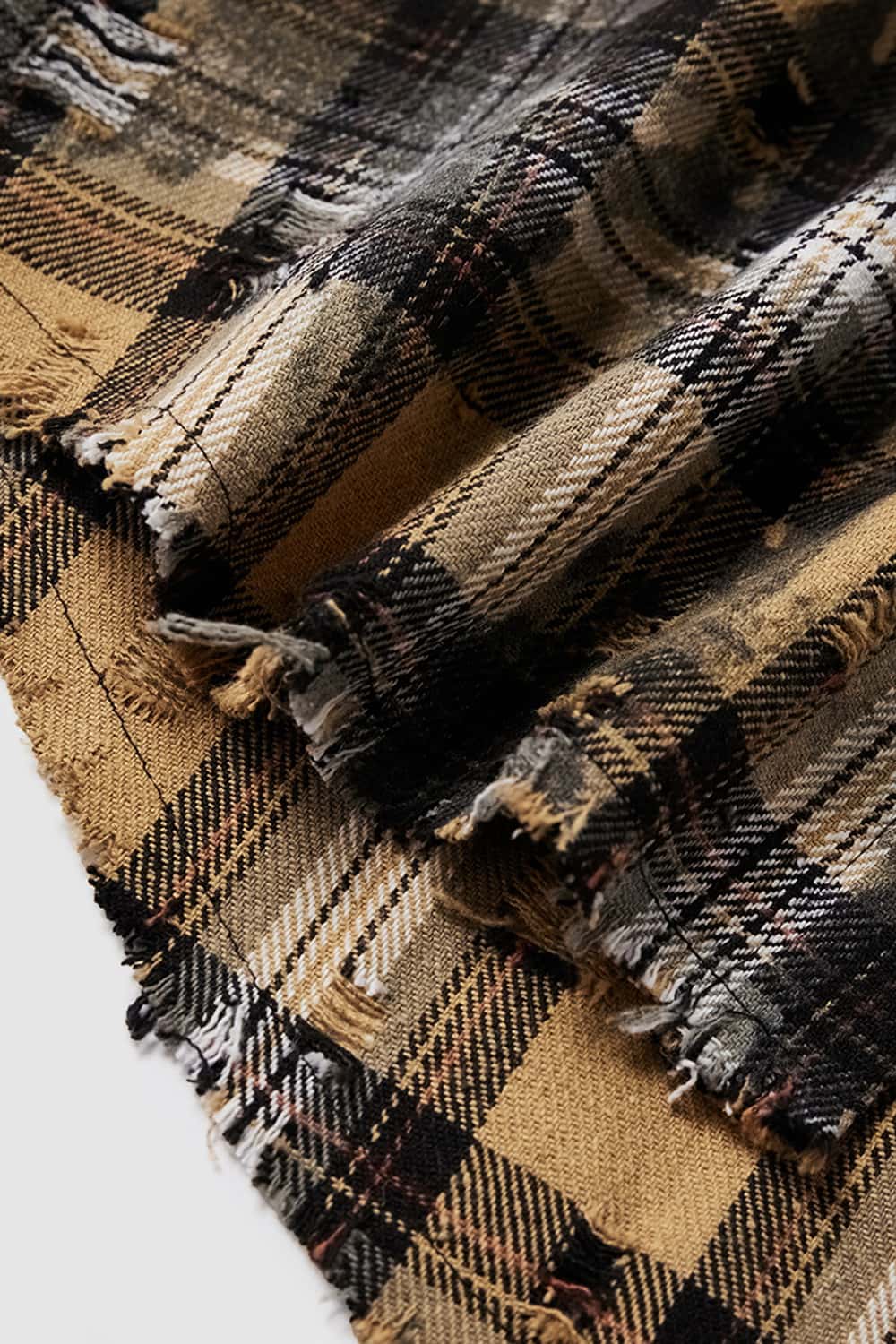 Distressed Plaid Shirt Jacket with Irregular Raw Edges