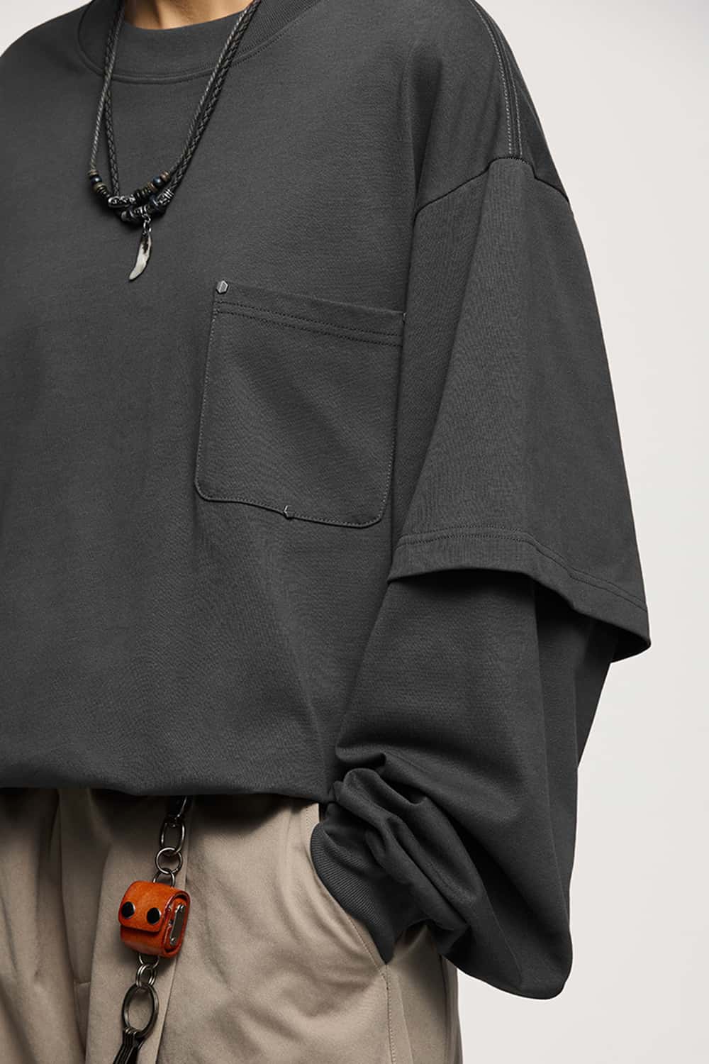 Heavyweight 265G Rivet Faux-Layer Long Sleeve Pocket T-Shirt