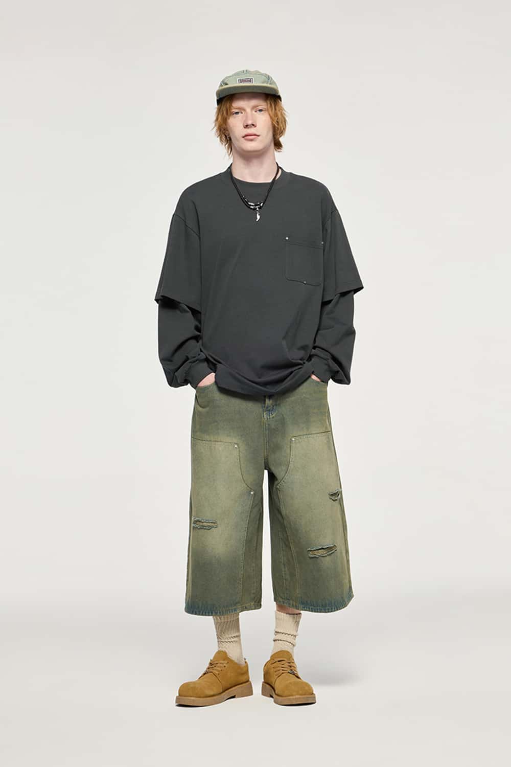 Heavyweight 265G Rivet Faux-Layer Long Sleeve Pocket T-Shirt