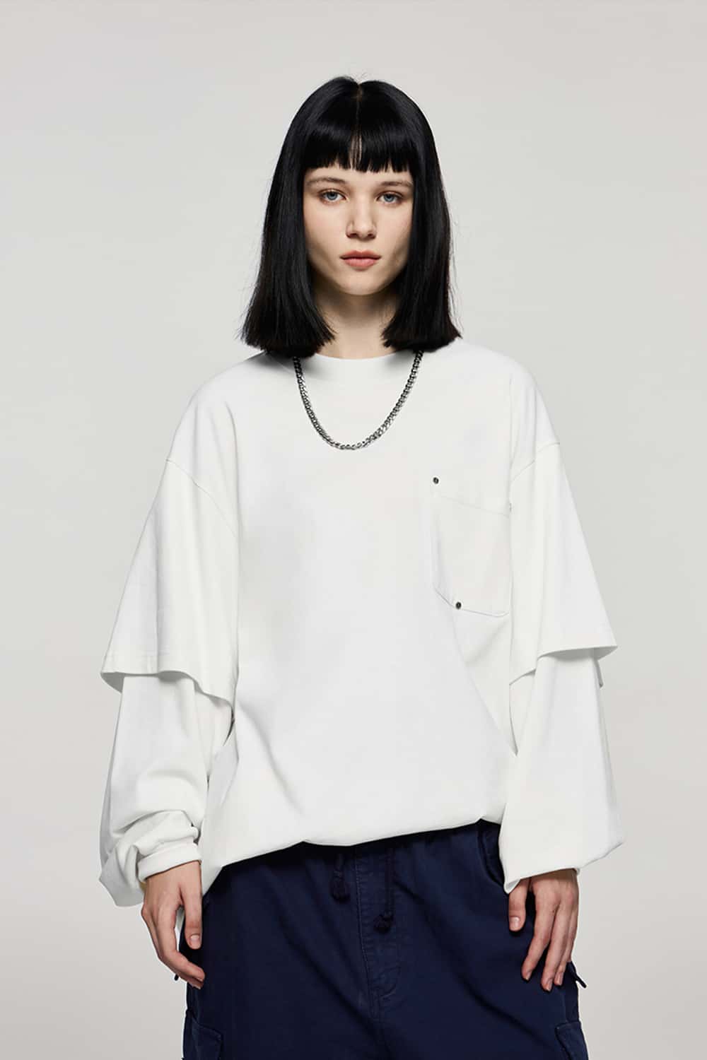 Heavyweight 265G Rivet Faux-Layer Long Sleeve Pocket T-Shirt