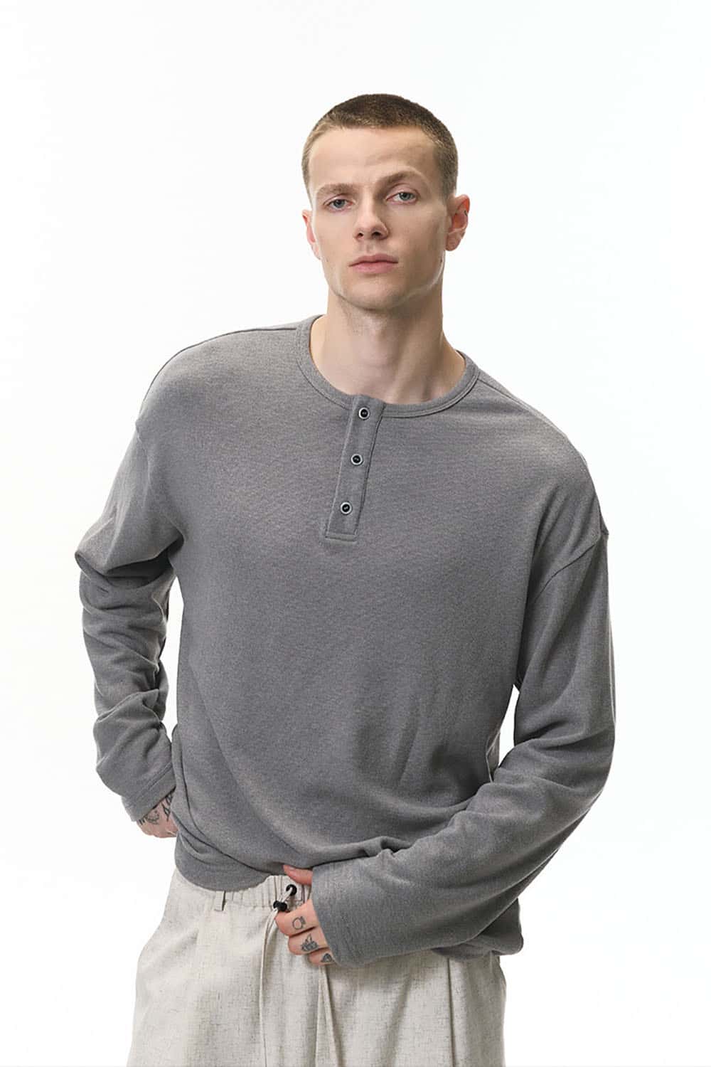 Long Sleeve Henley T-Shirt _ Cleanfit Casual Solid Base Layer