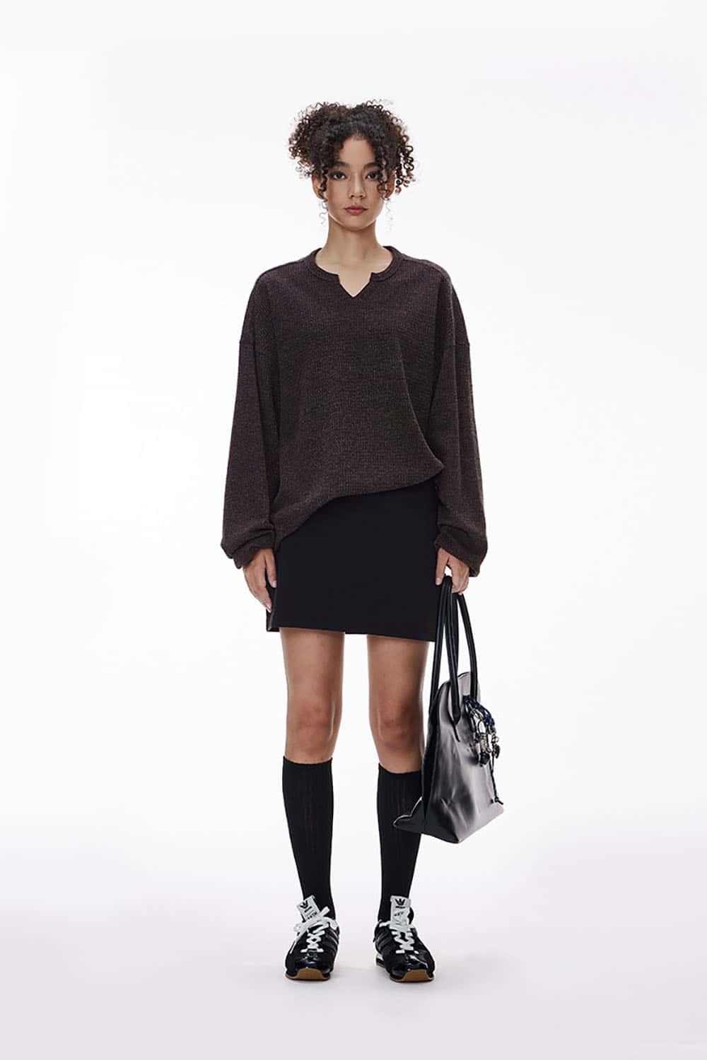 Waffle Knit V-Neck Long Sleeve T-Shirt _ Relaxed Fit Blended Fabric