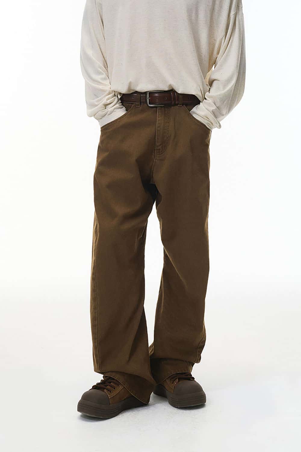 Washed 3D Curved Vintage Workwear Pants _ Relaxed Fit Distressed Casual Trousers