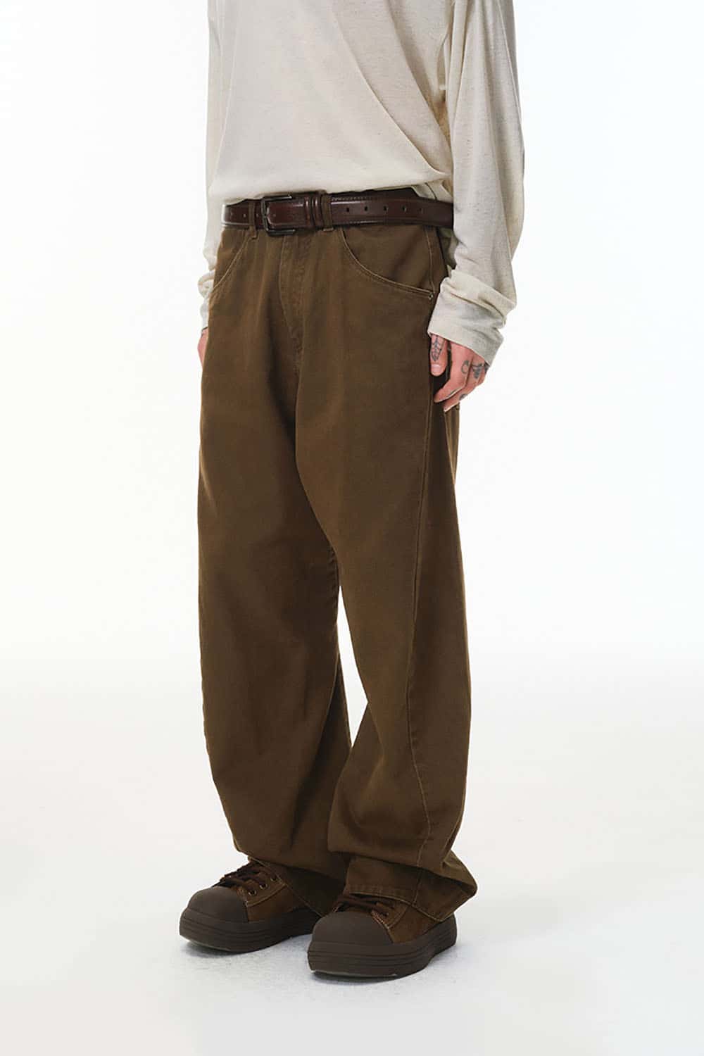 Washed 3D Curved Vintage Workwear Pants _ Relaxed Fit Distressed Casual Trousers