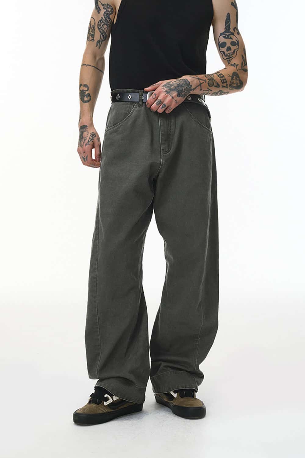 Washed 3D Curved Vintage Workwear Pants _ Relaxed Fit Distressed Casual Trousers
