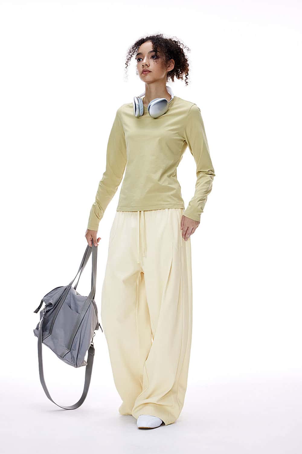Twill Deconstructed Wide-Leg Pants _ Relaxed Fit Curved Seam Casual Trousers
