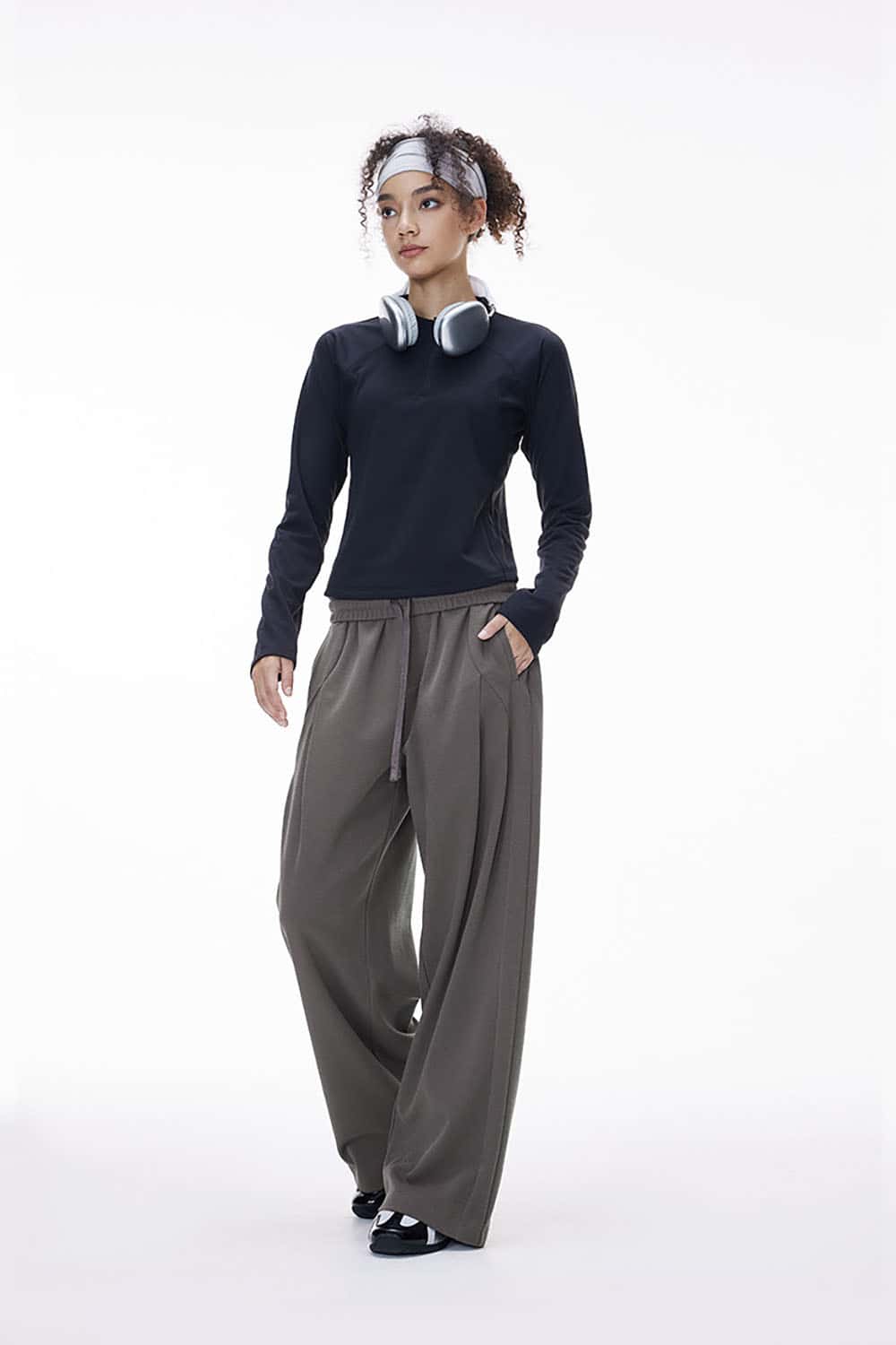 Twill Deconstructed Wide-Leg Pants _ Relaxed Fit Curved Seam Casual Trousers