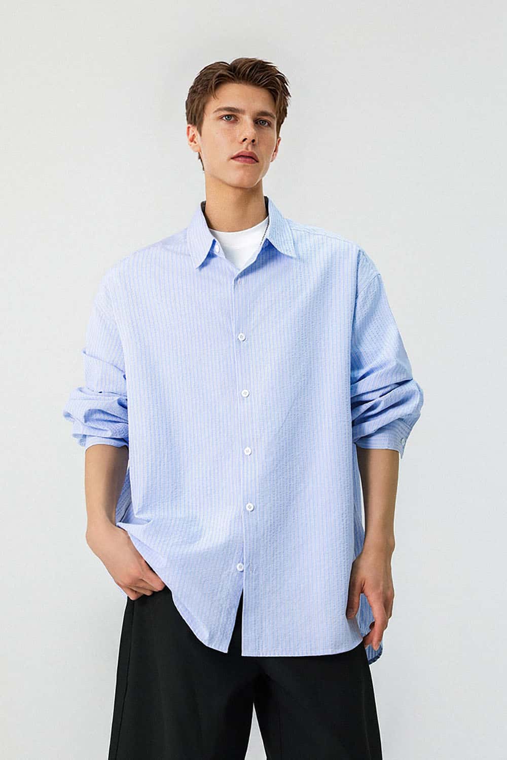 Windproof Striped Lightweight Shirt _ Relaxed Fit Collared Button-Up Cardigan
