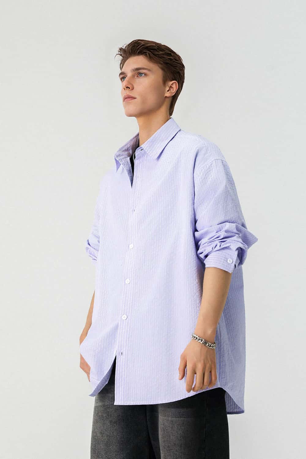 Windproof Striped Lightweight Shirt _ Relaxed Fit Collared Button-Up Cardigan