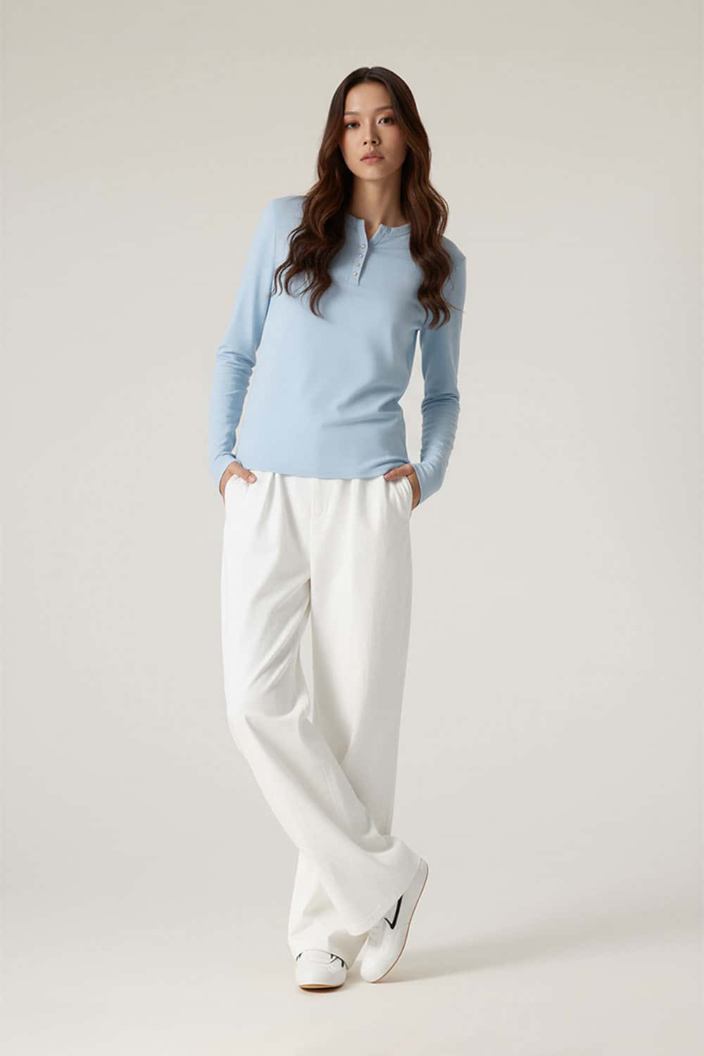 Lyocell Henley Neck Long Sleeve T-Shirt _ Fitted Waist Lightweight Base Layer