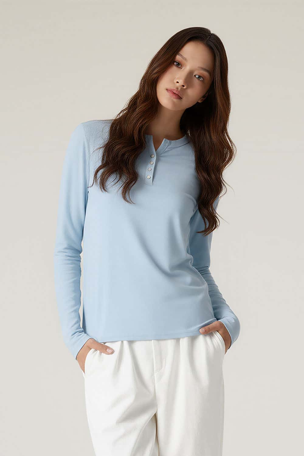 Lyocell Henley Neck Long Sleeve T-Shirt _ Fitted Waist Lightweight Base Layer