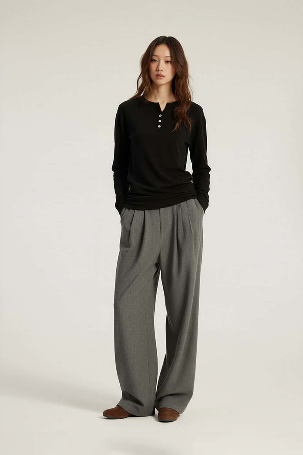 Lyocell Henley Neck Long Sleeve T-Shirt _ Fitted Waist Lightweight Base Layer