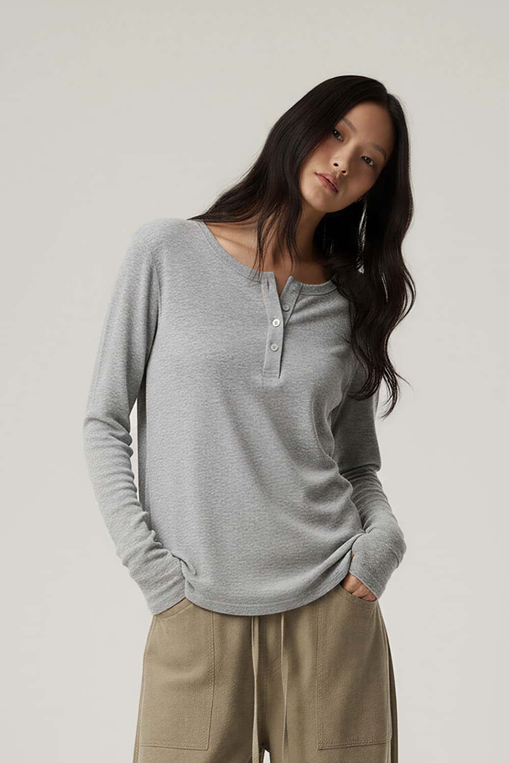 Lyocell Henley Neck Long Sleeve T-Shirt _ Fitted Waist Lightweight Base Layer