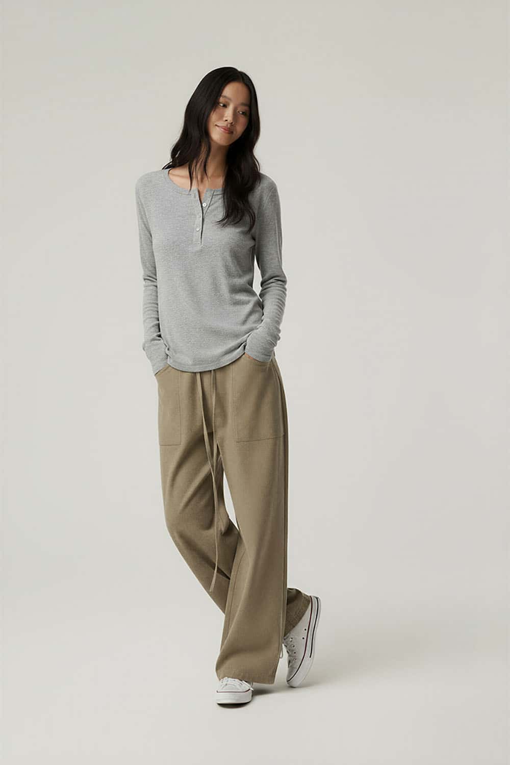 Lyocell Henley Neck Long Sleeve T-Shirt _ Fitted Waist Lightweight Base Layer